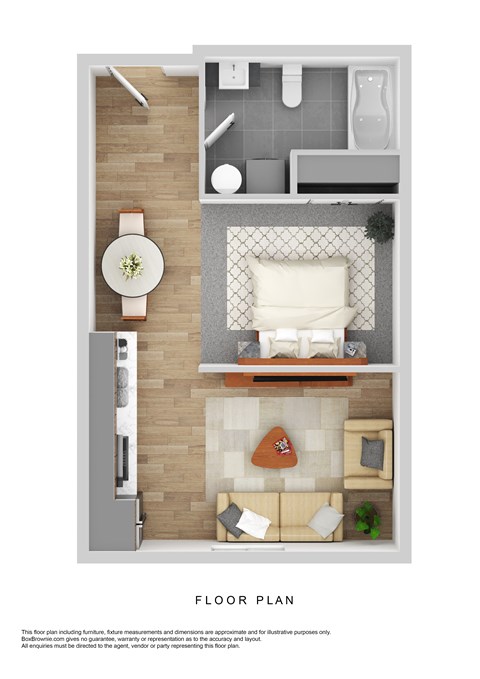 A floor plan of a small apartment with a kitchen, living room, and bathroom.